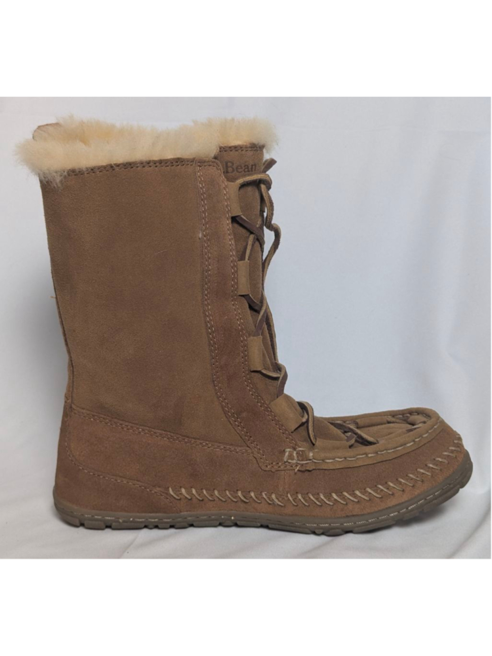 LL Bean Shearling Lined Suede Winter Boots Brown Lace Up Womens - Picture 3 of 7